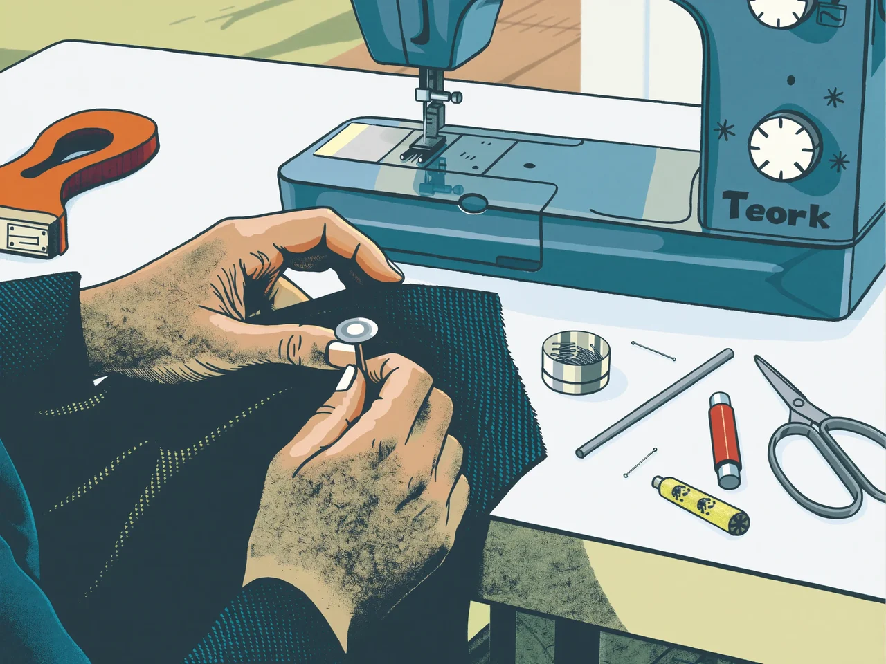 Illustration: Detail von Nadel, Faden und Stoff bei der Handarbeit